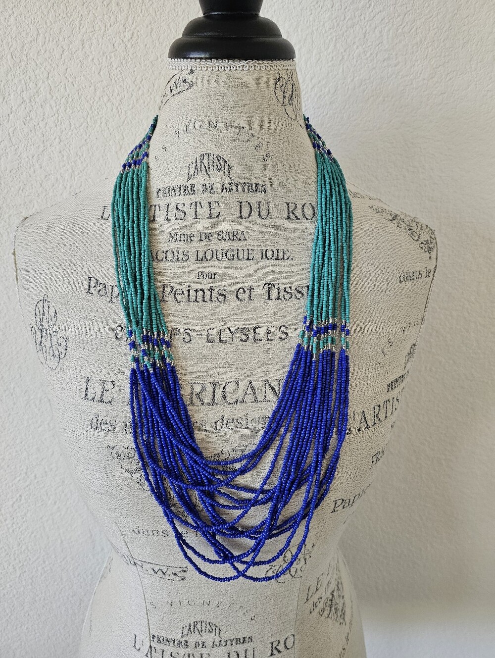 Susan Graver Multi-Strand Seed Bead Statement Necklace - Teal & Cobalt Blue
